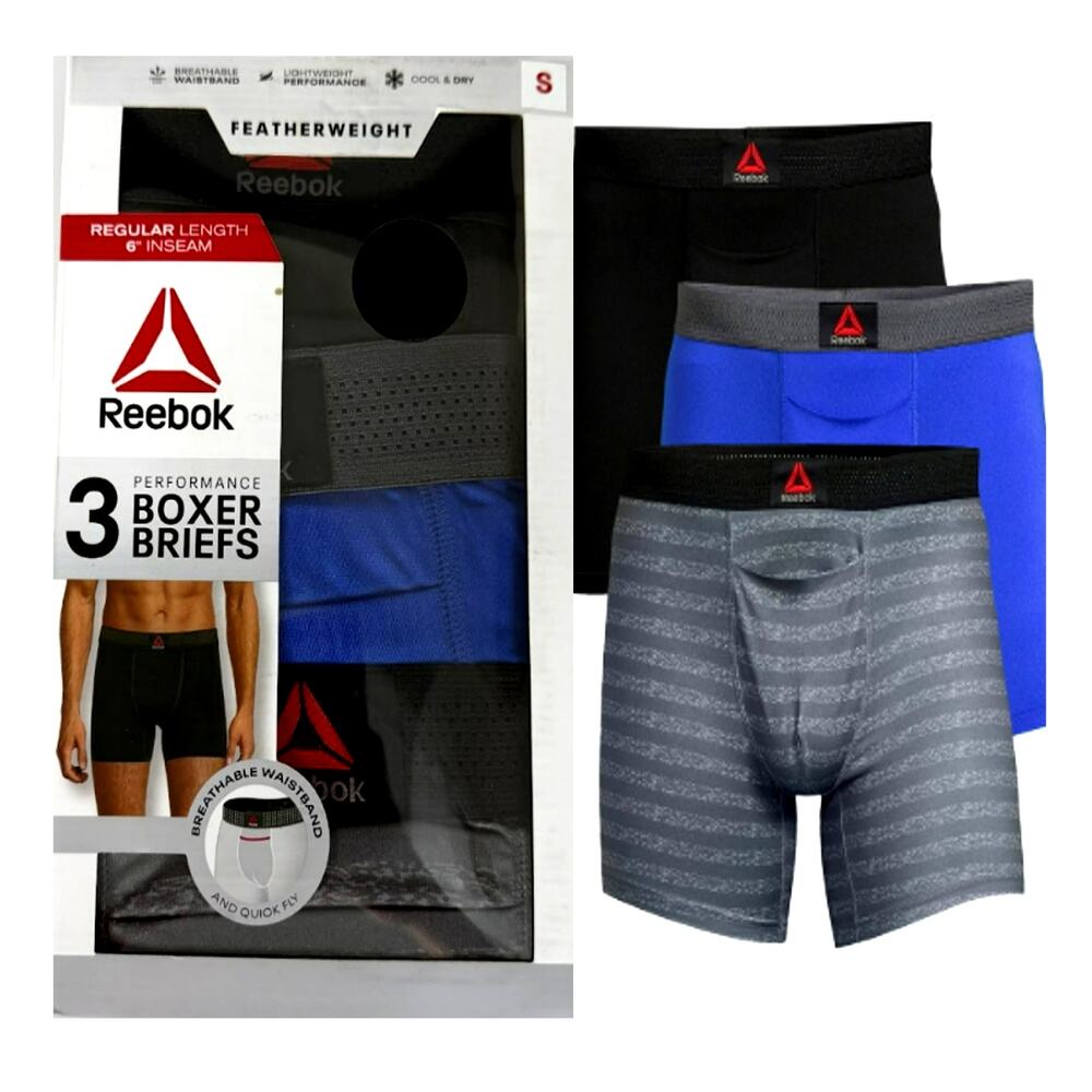 Reebok 3 Pack Boxer Briefs Underwear Men S Featherweight Performance 6" Inseam